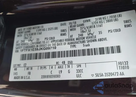 2018 Ford F-150 Xlt из США, поврежденный, VIN 1FTFX1E59JKG09710